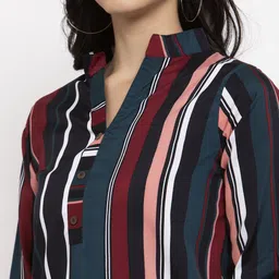 Sayesha Green & Pink Striped Mandarin Collar Roll-Up Sleeves Crepe Shirt Style Top image 4