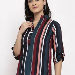 Sayesha Green & Pink Striped Mandarin Collar Roll-Up Sleeves Crepe Shirt Style Top image 2
