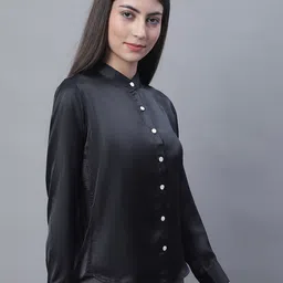 JAINISH Mandrain Collar Cuffed Sleeves Satin Shirt Style Top image 3