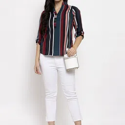 Sayesha Green & Pink Striped Mandarin Collar Roll-Up Sleeves Crepe Shirt Style Top image 3