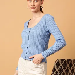 MINT STREET Self Design Round Neck Long Sleeves Acrylic Top image 3