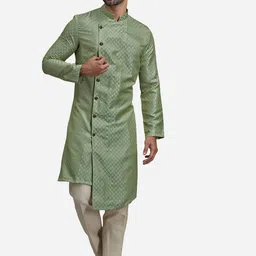 THE KURTA COMPANY Ethnic Motifs Woven Design Mandarin Collar Pure Jacquard Angrakha Kurta-picture-36