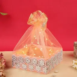 khusha creations Gift Hamper Basket With lights For Baby Shower,Wedding,Festivals (8x8x4 inches) Wooden Fruit & Vegetable Basket image 3