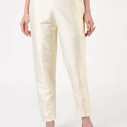 Women Regular Fit Beige Silk Blend Trousers-image-4
