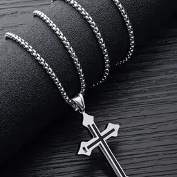 Stainless Steel Jesus Cross Pendant with Box Chain Sterling Silver Stainless Steel Pendant Set-image-4