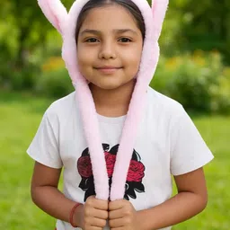 family fab india Kids Warm Plush Earmuffs Funny Bunny Ear Muffs with Moving Ears Cute ( Pink ) Ear Muff image 2