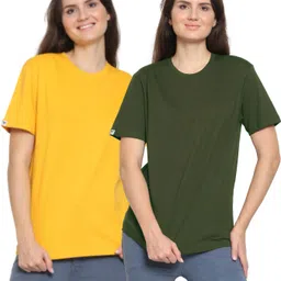 youthpoi Pack of 2 Women Solid Round Neck Pure Cotton Yellow, Green T-Shirt-picture-10