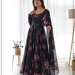 sp fashion Floral Print Georgette Stitched Flared/A-line Gown image 4