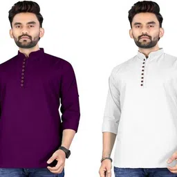 Pack of 2 Men Solid Cotton Blend Straight Kurta-image-5