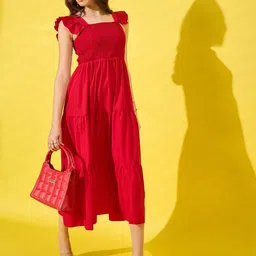 buynewtrend Women Ruffled Red Maxi/Full Length Dress image 4