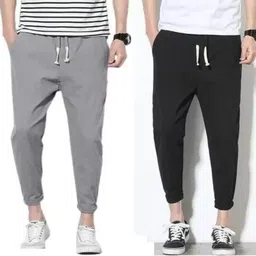 btmz Pack of 2 Men Solid Grey, Black Track Pants image 1