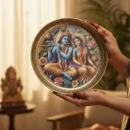 elitekitch Beautiful Floral Radha-Krishna Full_7 Inch Enamel Printed Design Heavy Brass Dinner Plate-picture-15
