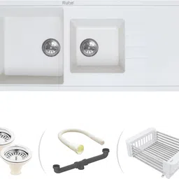 ruhe 12mm Thick Quartz Double Bowl with Drainboard Kitchen Sink (45 x 20 x 9 Inches) Natural Crystal White Granite Stone Matt Finish Double Bowl with Drainboard Sink Vessel Sink image 5