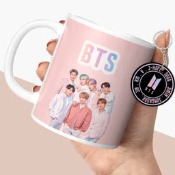 haniza BTS Printed Ceramic Coffee with Keychain – 11 oz Ceramic Coffee Mug image 1