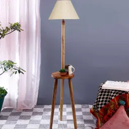 new era Classic Wooden Floor Lamp with Cotton Shade (Natural & off-white) image 2