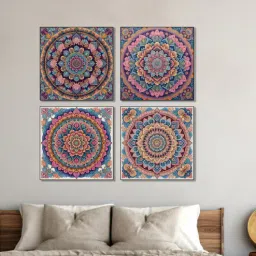 Mandala Flower Canvas Set Printed Wall Painting Set of 4 Black Frame-image-22