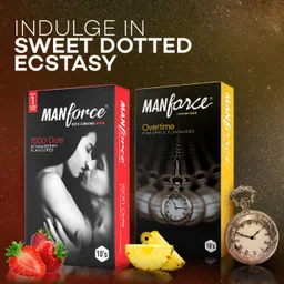 manforce 3 in 1 Wild Ribbed Contour Dotted Strawberry Flavor Condoms - 10 Pieces & Overtime Pineapple 3in1 (Ribbed, Contour, Dotted) Condoms - 10 Pieces Condom image 2
