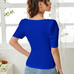 dream beauty fashion Casual Puff Sleeves Solid Women Dark Blue Top image 2