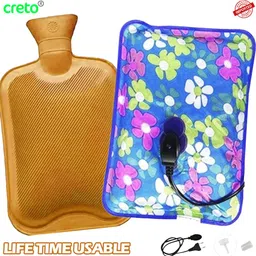 creto (2Pack) Combo New Pain Relief Electric hot Water Bag with rubber bottle electric hot water bag & non-electric hot water bag 1 L Hot Water Bag image 1