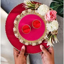 satyam kraft 1 pcs Handcrafted Round Platter-1 Holder Tray Engagment Ring Platter Function Wood Decorative Platter image 2