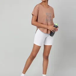 mkh Women Typography Crew Neck Polyester Brown T-Shirt image 4