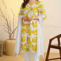 Kurti Set for Women Cotton Printed, Women Cotton Kurti Set, Kurta Set for Women Floral Print Kurta, Trouser/Pant & Dupatta Set-image-85