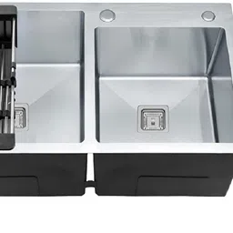 messina Double Bowl Handmade Kitchen Sink & Dispenser (32"×18"×10") Matt Finish Silver Vessel Sink-picture-11