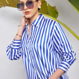 Women Oversized Fit Striped Cut Away Collar Party Shirt-image-28
