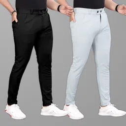 combraided Men Slim Fit Black, Grey Lycra Blend Trousers-picture-31