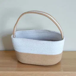 ambaenterprises Cotton Beige & White Cotton Rope Hamper Basket | 10x6x6 Inch Storage Basket-picture-31