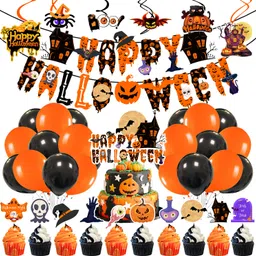 Orange, Black Happy Halloween Decorations Set-Banner,Balloons,Swirls,Cake Topper(43 Pcs)-image-10