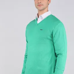 peter england Men Solid V Neck Green Sweater image 3