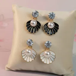 Trandy Shell & Pearl Drop Earrings for Women & Girls (Black & White, Set of 2) Beads, Cubic Zirconia Alloy, Brass Drops & Danglers-image-41