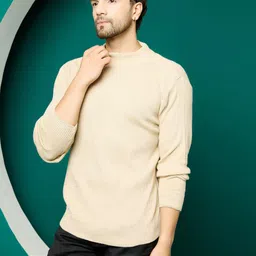 houseofcommon Men Solid High Neck Beige Sweater image 3