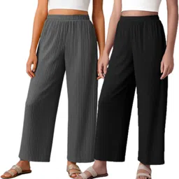 Pack of 2 Women Relaxed Black, Grey Crepe Trousers-image-0
