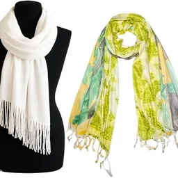 Solid Rayon Women Light Green, White Scarf, Stole, Fancy Scarf-image-12