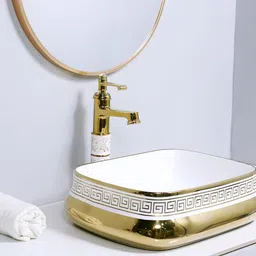 seikoware Ceramic Tabletop Wash Basin - Golden Living Room, Dining Area & Hotel | Premium Counter Washbasin | 16x13x5 Inch IW Counter Top-picture-43