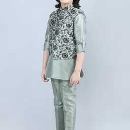 Aj DEZInES Boys Band Collar Kurta With Pyjamas & Printed Jacket image 2