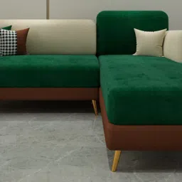 casacraft from pepperfry Montez Velvet LHS Sectional Sofa (2 + Lounger) in Green & Beige Colour image 1