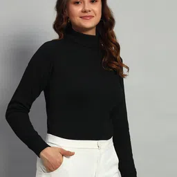 black blink Women Self Design High Neck Black Sweater image 3