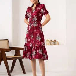 aask Women Fit and Flare Maroon Knee Length Dress image 4