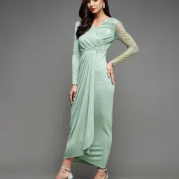 miss chase Women Pleated Green Maxi/Full Length Dress image 2