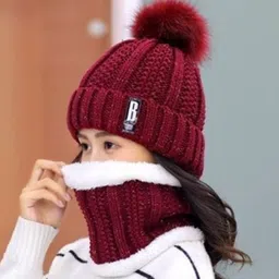 reffer women Winter Woolen Beanie Cap with Scarf Set Stretch Warm(Inside Fur) Lining Winter caps for girls Winter Cap for Women Stylish Latest Beanie image 4