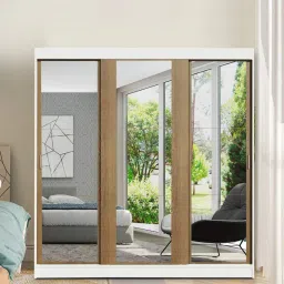 madesa Reno 3 Door Sliding Wardrobe In White And Brown Colour With Mirror & Drawer image 1