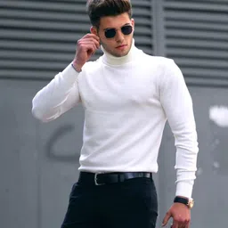 plus91 Men Solid High Neck Wool Blend White T-Shirt-picture-18
