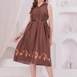 fashion point Women A-line Brown Below Knee Dress image 5