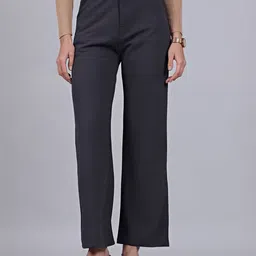 Women Regular Fit Dark Blue Cotton Blend Trousers-image-0