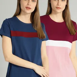 roadster Pack of 2 Women Colorblock Round Neck Pure Cotton Multicolor T-Shirt-picture-14