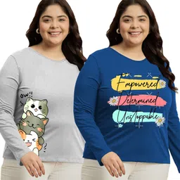 Pack of 2 Women Typography Round Neck Cotton Blend Multicolor T-Shirt-image-15