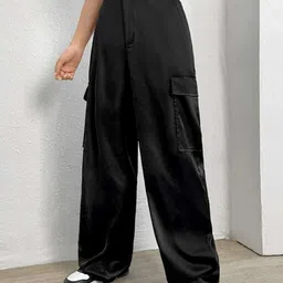 next one Women Loose Fit Black Lycra Blend Trousers image 2